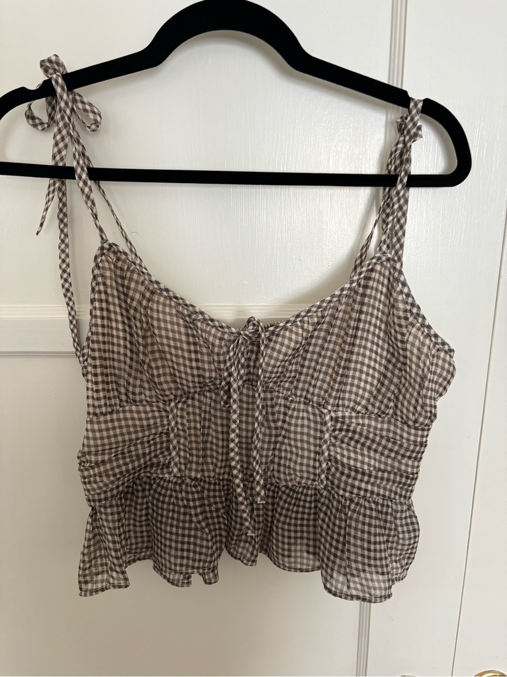 American Eagle Brown Gingham Corset Peplum Tie Strap Top Size M
